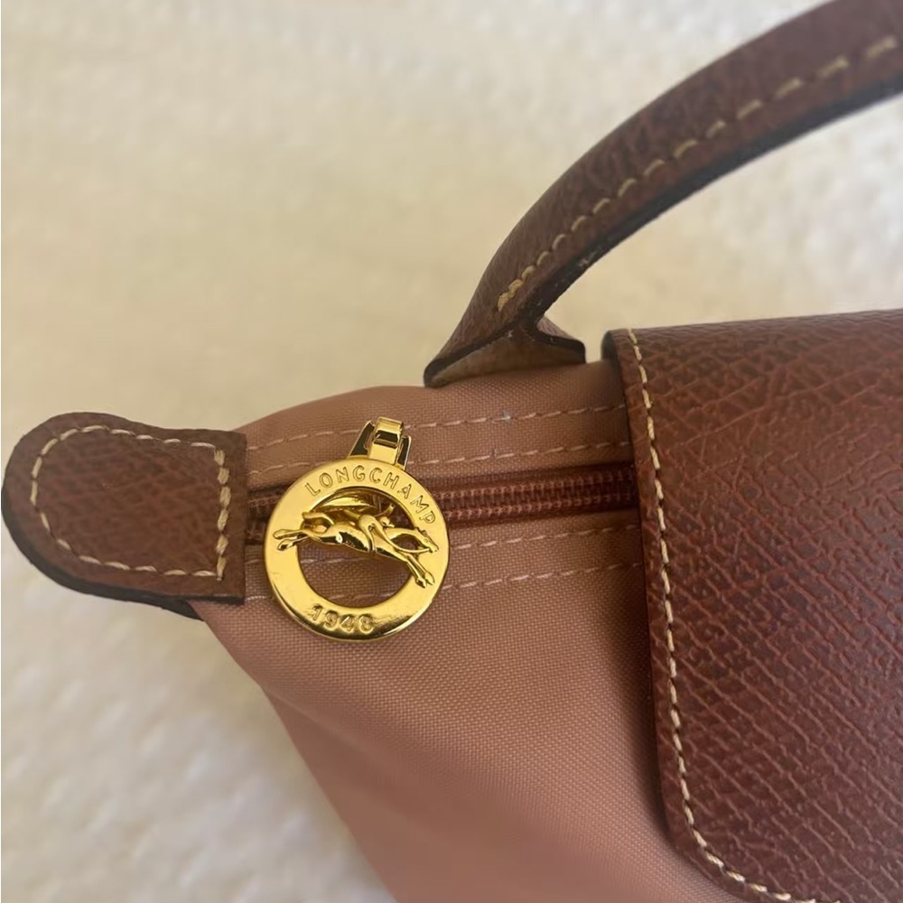 Longchamp mini top-handle bag in blush pink with brown trim - Picture 4 of 4